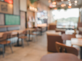 Abstract blurred empty open space coffee shop or restaurant. Abstract light bokeh at coffee shop or restaurant interior background for design.