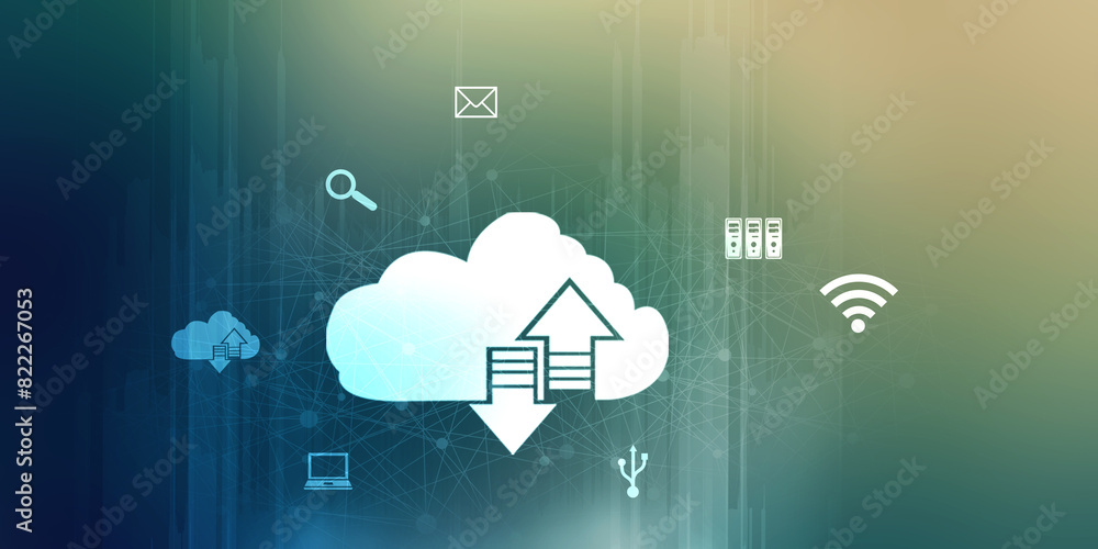 Poster 2d illustration uploading downloading arrow with cloud
