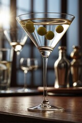A martini glass standing on a wooden table