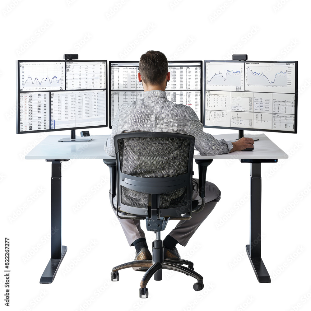 Poster a man sits at a desk with three computer monitors in front of him, isolated on transparent backgroun