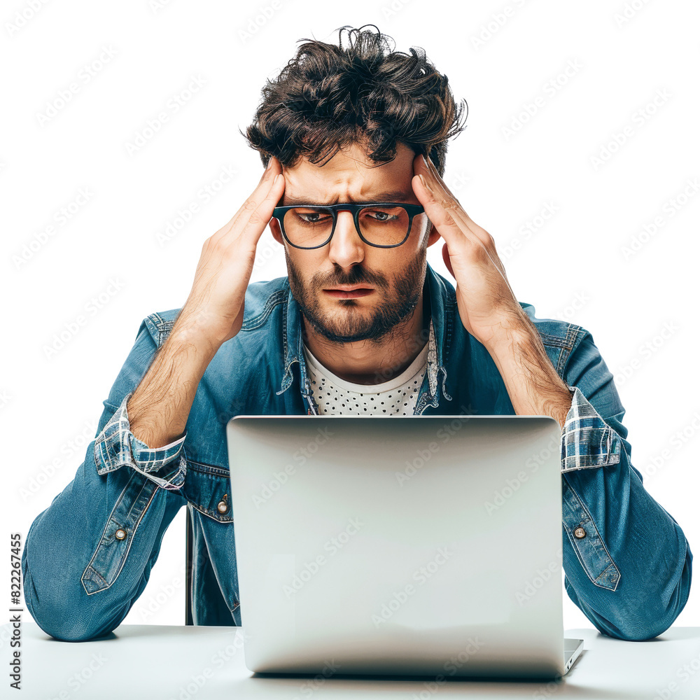 Poster a man is sitting at a table with a laptop in front of him, isolated on transparent background