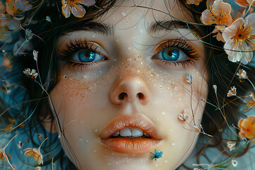 Close-up of a woman with blue eyes adorned with flowers and delicate freckles, creating a whimsical and ethereal portrait. Ideal for artistic photography, beauty concepts, and nature-inspired themes.