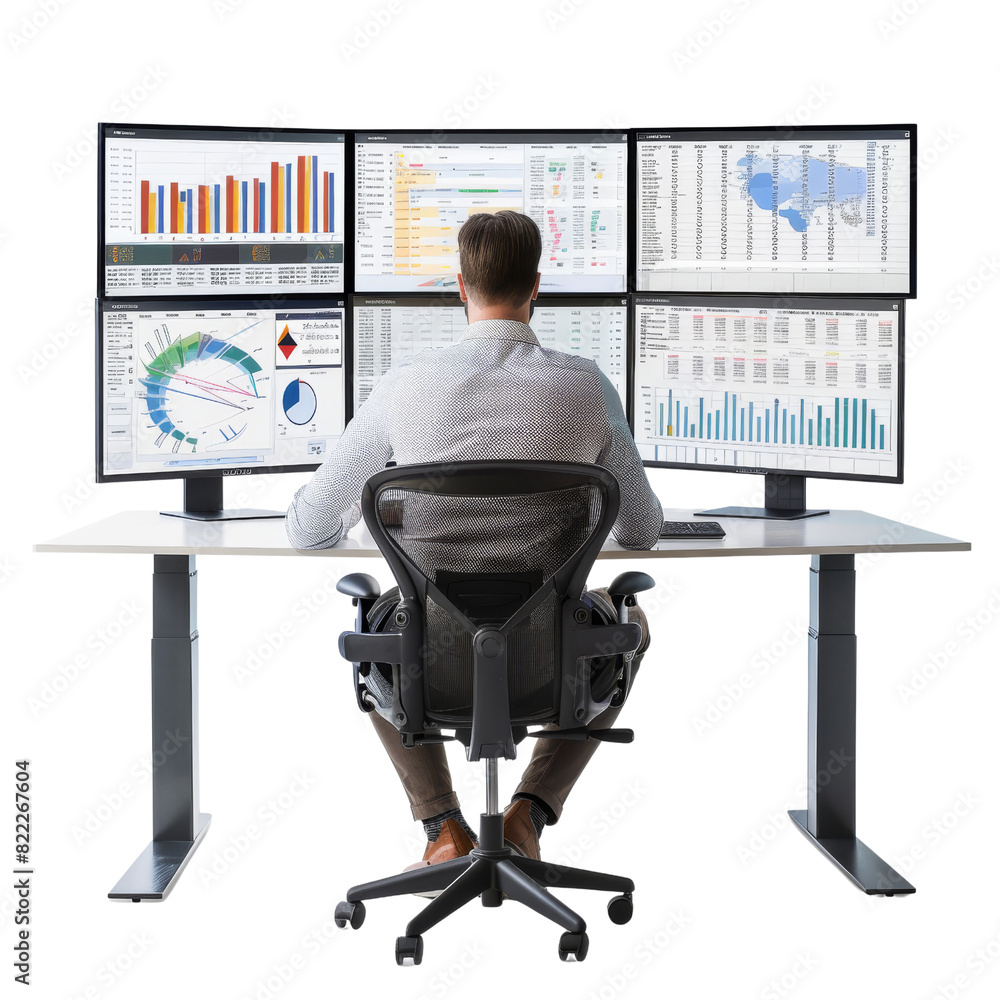 Poster a man is sitting in front of a computer monitor with four screens, isolated on transparent backgroun