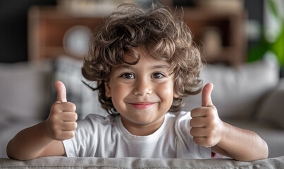 Young boy with curly hair is giving a thumbs up to the camera