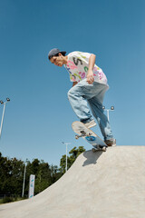 Young skater boy fearlessly rides his skateboard down the ramp in an outdoor skate park on a sunny...