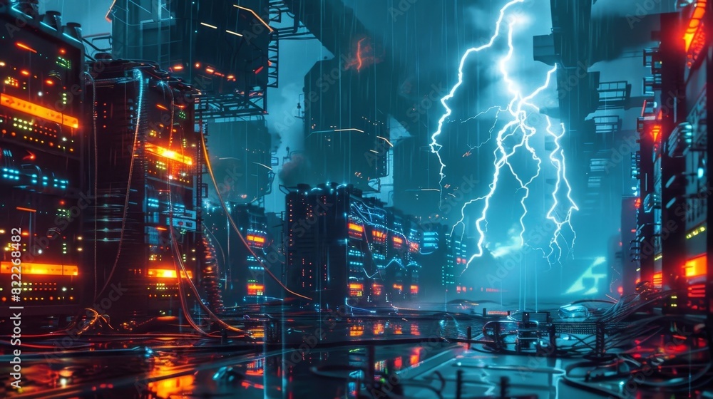 Poster amidst a futuristic setting lightning bolts strike a of mining rigs symbolizing the tingedge technol