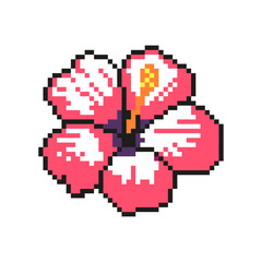 Obraz premium Hibiscus flower icon for summer holidays in pixel art style. Inspired by games from the 80s, 90s. Design for mobile games, postcards, stickers. Vector illustration.