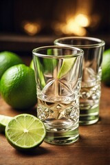 Fototapeta premium Two glasses filled with tequila, sliced lime. Tequila with Lime