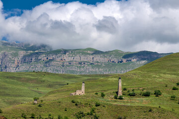 The Erzi tower complex. The ruins of an ancient city high in the mountains. Medieval battle towers...