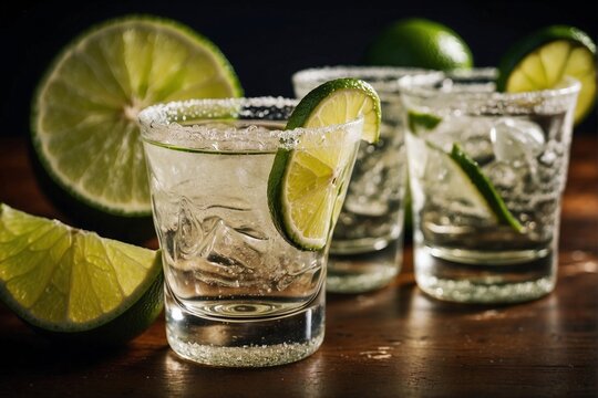 Two glasses filled with tequila, sliced lime. Tequila with Lime
