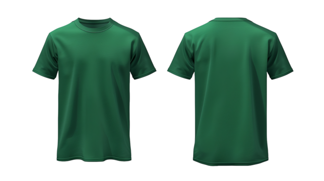 Green T-shirt mockup template on PNG background, front and back view for design presentation.