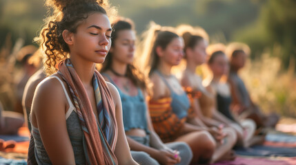 People participating in holistic wellness retreat, engaging in activities yoga, meditation, spa treatments, nutritional workshops. Experiencing transformative nourishment of body, mind, spirit.