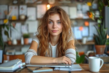 a modern woman balancing work, family, and personal tasks with a laptop, notebook, and coffee a true multitasker lifestyle multitasking