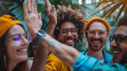 Fototapeta premium Friends sharing a group hug or high-fiving in celebration of their bond and camaraderie, capturing the laughter and support of friendship in moments of joy and solidarity.