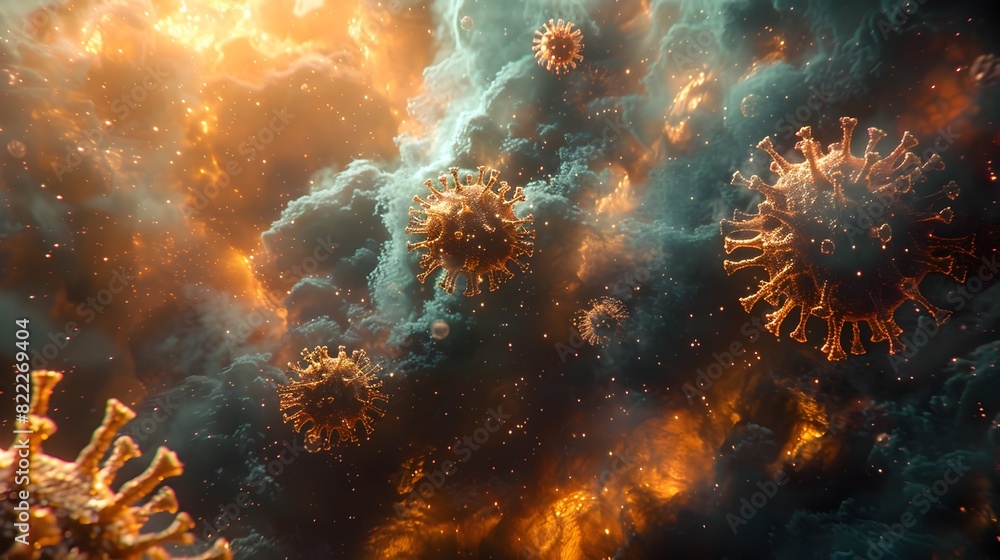 Poster explosive cosmic fiery galactic blaze in the depths of the universe