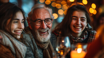 Friends and family laughing and embracing each other during a festive gathering, capturing the warmth and happiness of human connection as loved ones share moments of joy and togetherness.