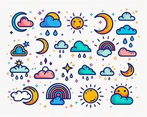 Obraz premium Colorful weather icons set featuring sun, moon, clouds, rain, and rainbow on white background. Perfect for forecasting and digital designs.