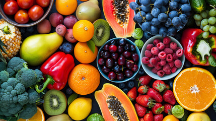 Colorful fruits, vegetables, and whole grains arranged on a table, emphasizing the importance of nutritious eating for overall health and vitality, capturing the abundance of fresh, wholesome foods.