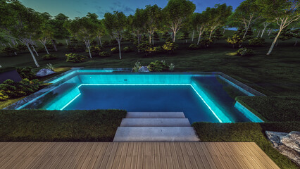 3d rendering of flat roof house with parking and pool for sale or rent with concrete facade and beautiful landscaping. Clear summer night with many stars on the sky