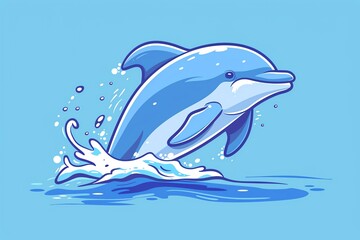 Fototapeta premium Illustration of a playful dolphin jumping out of the water against a blue background, emphasizing marine life and oceanic themes.