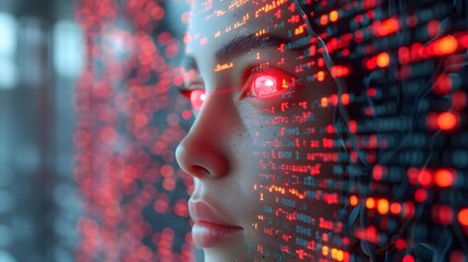 Futuristic Digital Data and Technology Interface with Glowing Red Neon Lighting