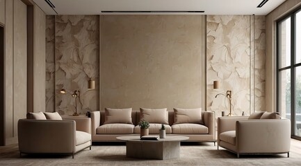 Large beige taupe lounge home, office. Empty wall in the texture of plaster wallpaper or ivory microcement or silk stucco background