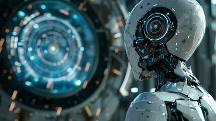 Fototapeta premium Robot Examining Alien Time Machine: Fusion of Spiritual Dimensions and Science Academia