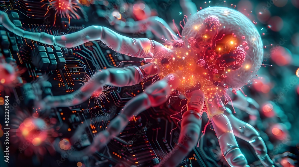 Poster glowing futuristic molecular explosion in dynamic digital network