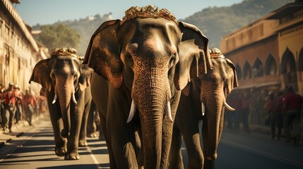 A procession of richly decorated elephants walking down an Indian street with people and traditional architecture