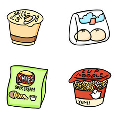 illustration of cute snacks, coffee, cup noodles, chips, bread