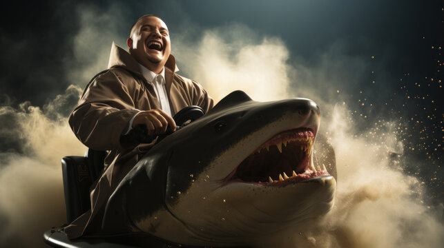 An adventurous scene where a person in a trench coat rides a gigantic shark amidst clouds and sparkles