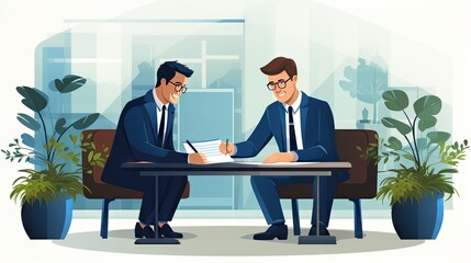 Two animated businessmen engaging in a discussion over documents in a modern office environment