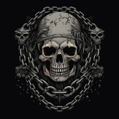gray skull and chain for illustration clothing design, black background,