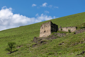 The ruins of an ancient city high in the mountains. Ingushetia. The North Caucasus. Russia