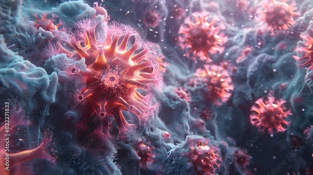 Poster highly detailed 3d rendering of microscopic viral particles spreading rapidly in a chaotic and intri