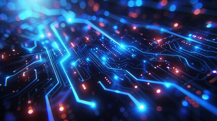 Obraz premium Futuristic Blue Circuit Board with Glowing Digital Transmission Lines