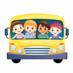Illustration of happy children riding a yellow school bus, depicting a fun journey and back-to-school excitement.