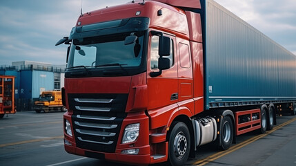 Naklejka premium A vibrant red semi truck is parked on a busy cargo terminal during dusk