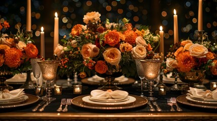 Lavish Autumn Inspired Tablescape with Floral Centerpiece and Candlelight - Powered by Adobe