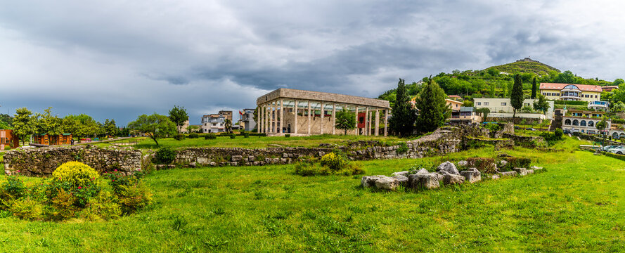 A panorama view across the ancient city ruins of Lissu, the Skanderbeg memorial and the castle in Lezhe, Albania in summertime