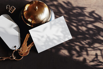 Business card with key ring hotel scene mockup. 3D rendering