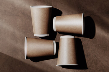 Kraft coffee cups mockup. 3D rendering