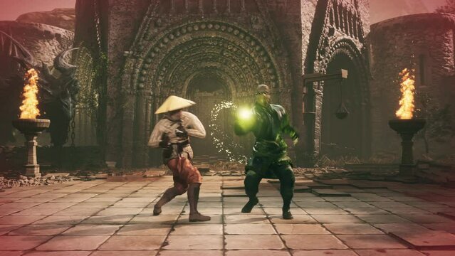 Virtual fighters engaged in combat to kill the enemy. Combat killer fighters battling in the digital arena. Combat fighter killing the opponent in the match of a computer game. Animation