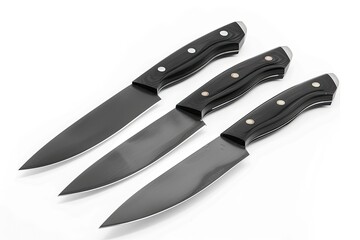Obraz premium Set of high-quality kitchen knives with sharp blades on a white background