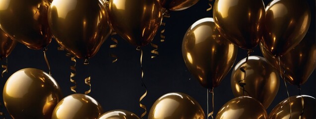 Bold statement, golden balloons against a dark backdrop, arranged horizontally like a banner.