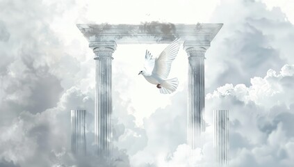 A white dove flies over a white archway. The archway is made of columns and is surrounded by clouds. Concept of peace and serenity