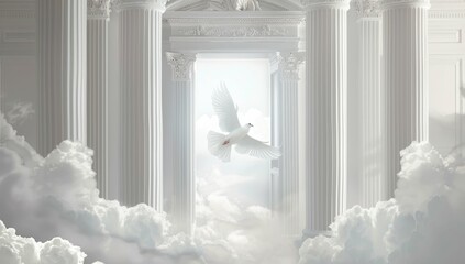 A white dove flies over a white archway. The archway is made of columns and is surrounded by clouds. Concept of peace and serenity