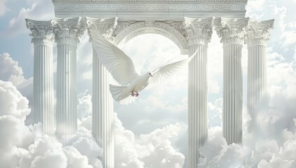 A white dove flies over a white archway. The archway is made of columns and is surrounded by clouds. Concept of peace and serenity