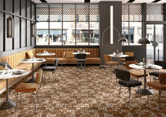 Cozy and comfortable interior of restaurant with brown patterned marble on floors. A cozy, contemporary dining room with wood furniture, exquisite wall decor, and elegant dining tables. 3D Rendering