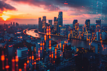 Fototapeta premium Dynamic cityscape at sunset with digital overlay, blending modern urban skyline and futuristic technology elements.